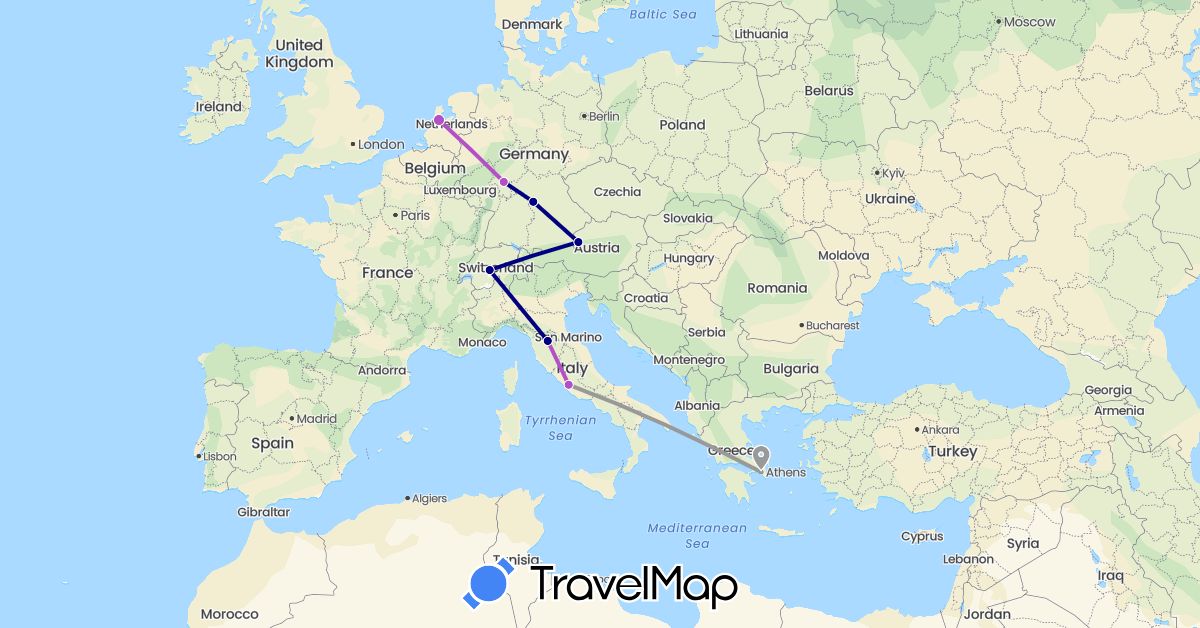 TravelMap itinerary: driving, plane, train in Austria, Switzerland, Germany, Greece, Italy, Netherlands (Europe)
